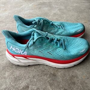 Hoka One One Clifton 8 Athletic Running Shoes Womens Sz 9.5B Blue Teal Aquarelle